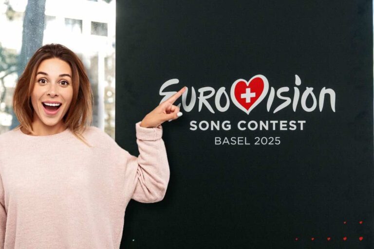 Eurovision Song Contest logo e donna che indica