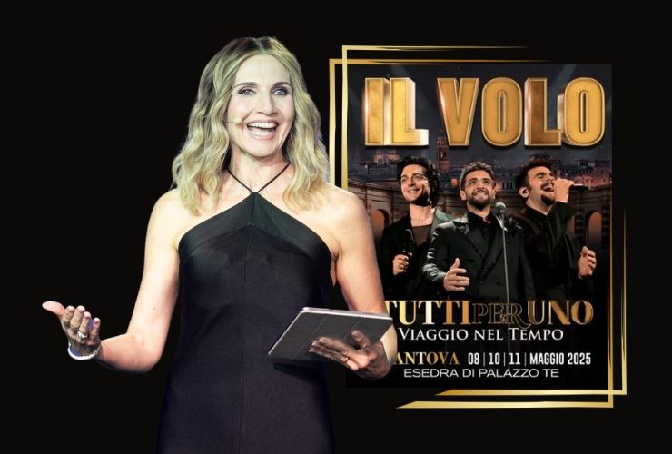 Lorella Cuccarini e locandina evento Il Volo
